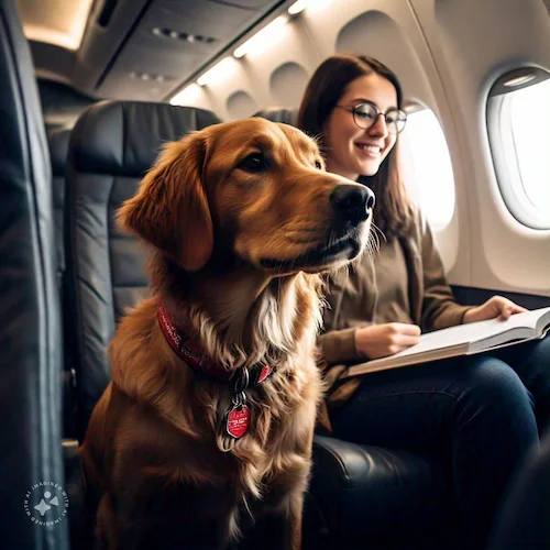 red retriever travelling in plane