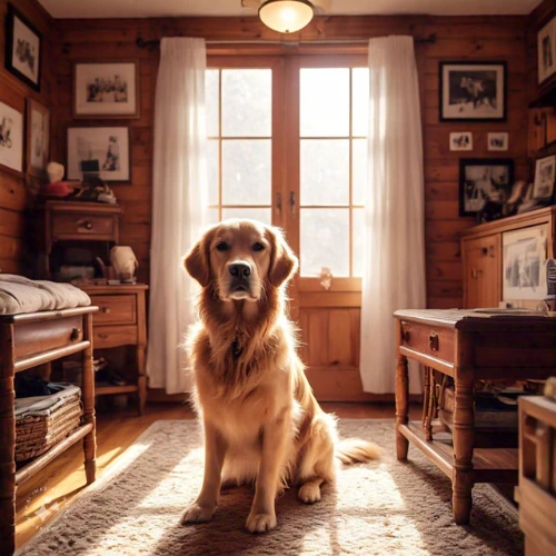 red golden retriever in house
