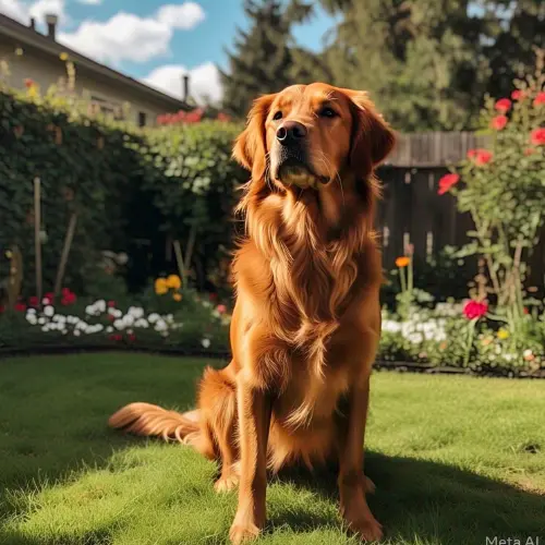 red golden retriever is standing on grass