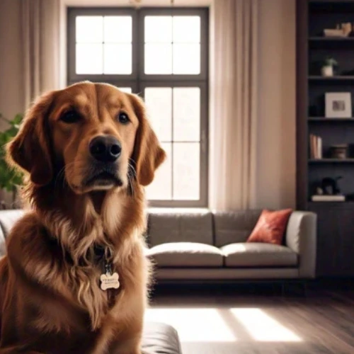 red golden sitting in house